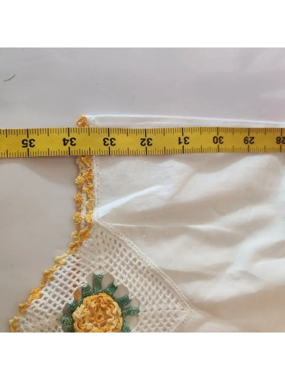 Vintage White Cotton Pillowcase Handmade Crochet Lace Yellow Flower Trim 20x34